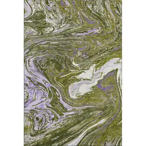Photo of Olive Green Purple And Ivory Abstract Washable Area Rug With UV Protection