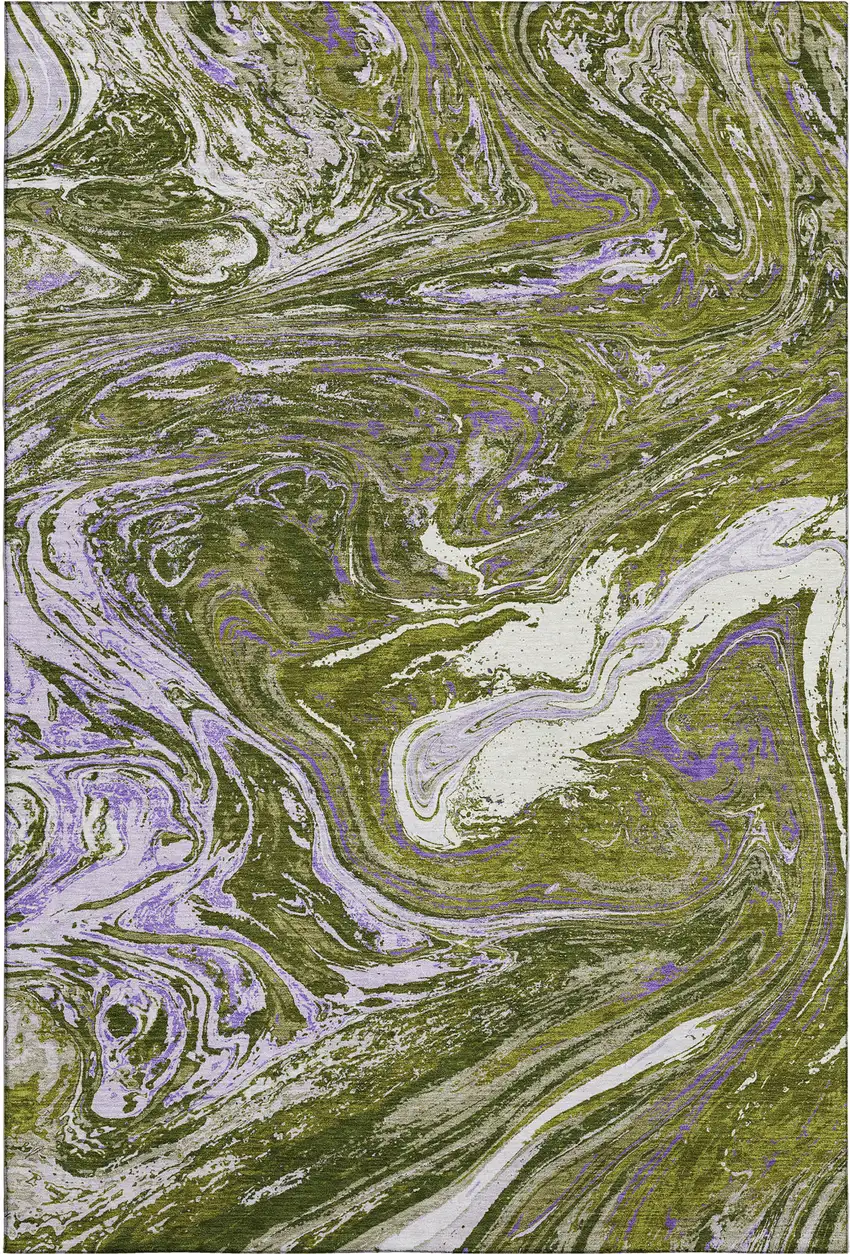 Olive Green Purple And Ivory Abstract Washable Area Rug With UV Protection Photo 1