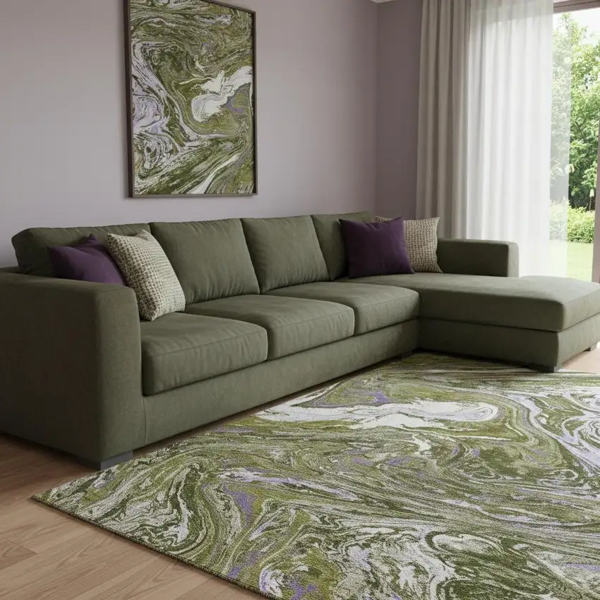 Olive Green Purple And Ivory Abstract Washable Area Rug With UV Protection Photo 2