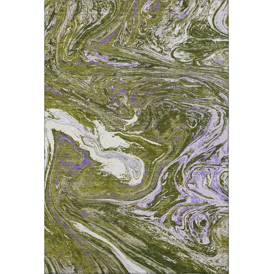 Olive Green Purple And Ivory Abstract Washable Area Rug With UV Protection Photo 3
