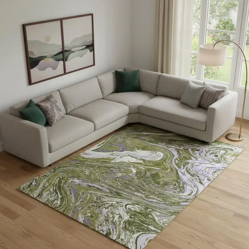 Olive Green Purple And Ivory Abstract Washable Area Rug With UV Protection Photo 2