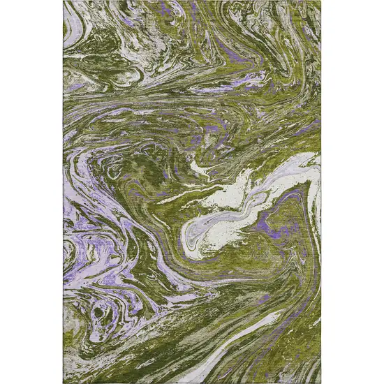 Olive Green Purple And Ivory Abstract Washable Area Rug With UV Protection Photo 1