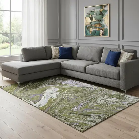 Olive Green Purple And Ivory Abstract Washable Area Rug With UV Protection Photo 1