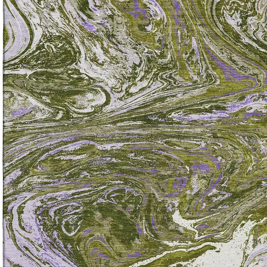 Olive Green Purple And Ivory Abstract Washable Area Rug With UV Protection Photo 3