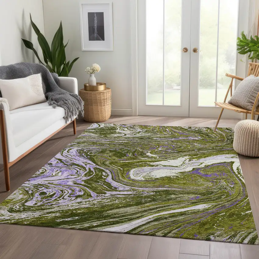 Olive Green Purple And Ivory Abstract Washable Area Rug With UV Protection Photo 5