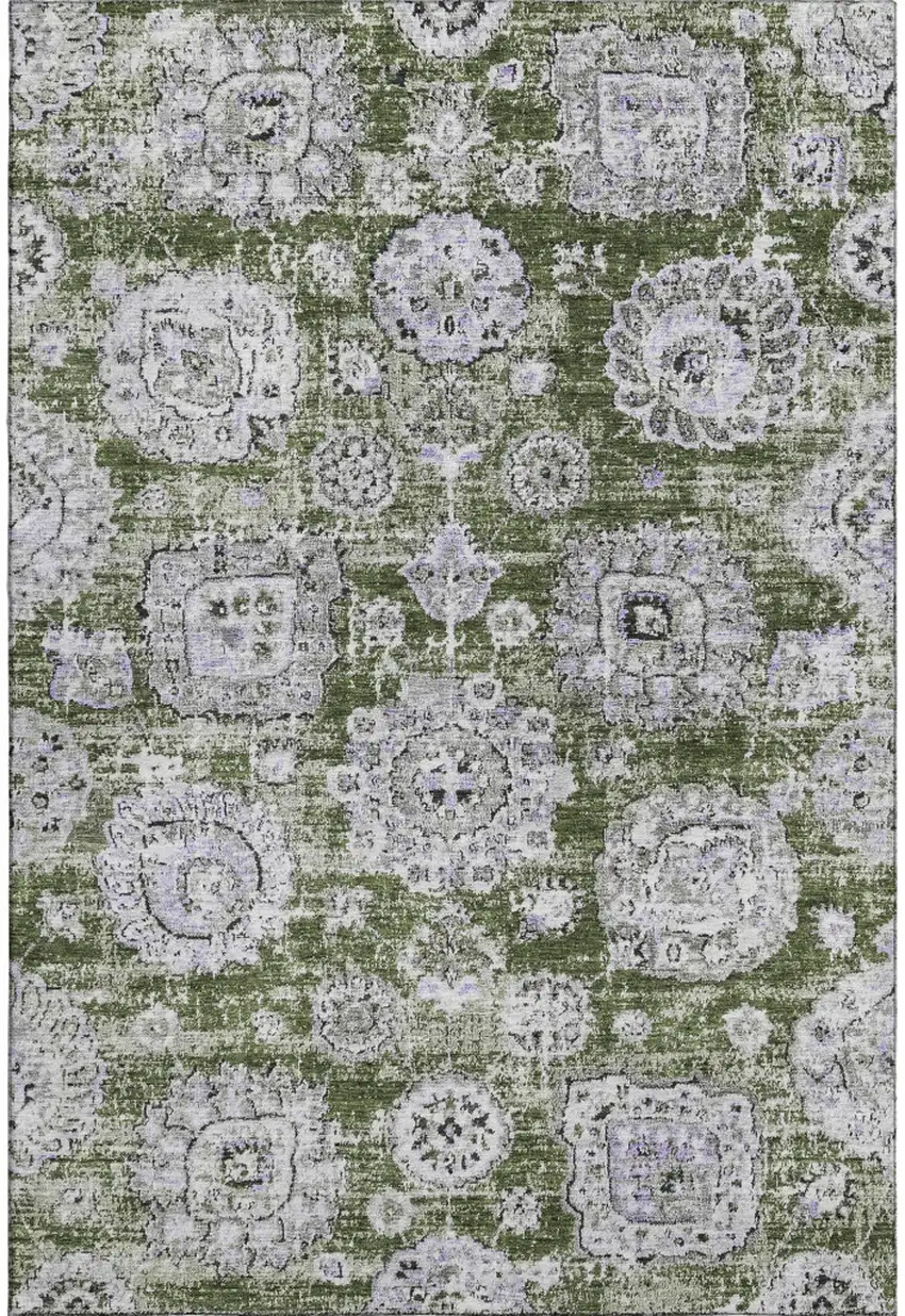 Olive Green Purple And Ivory Floral Washable Area Rug With UV Protection Photo 1
