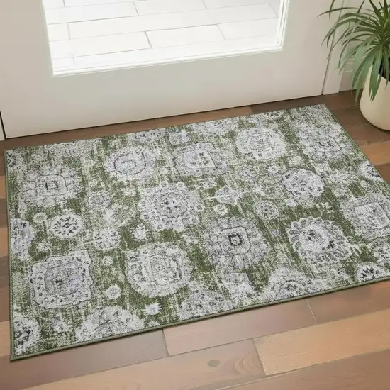Olive Green Purple And Ivory Floral Washable Area Rug With UV Protection Photo 1