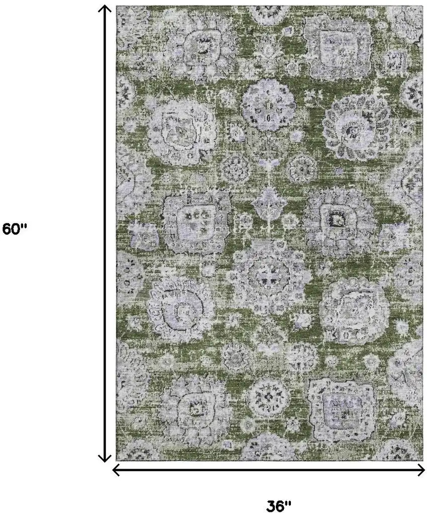 Olive Green Purple And Ivory Floral Washable Area Rug With UV Protection Photo 3