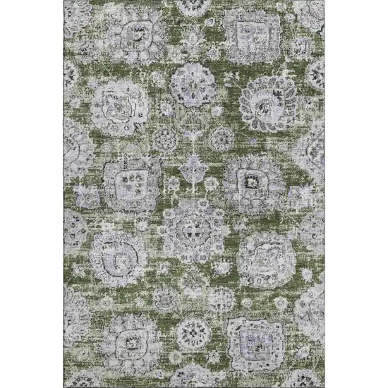 Olive Green Purple And Ivory Floral Washable Area Rug With UV Protection Photo 1