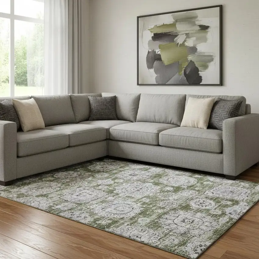 Olive Green Purple And Ivory Floral Washable Area Rug With UV Protection Photo 1