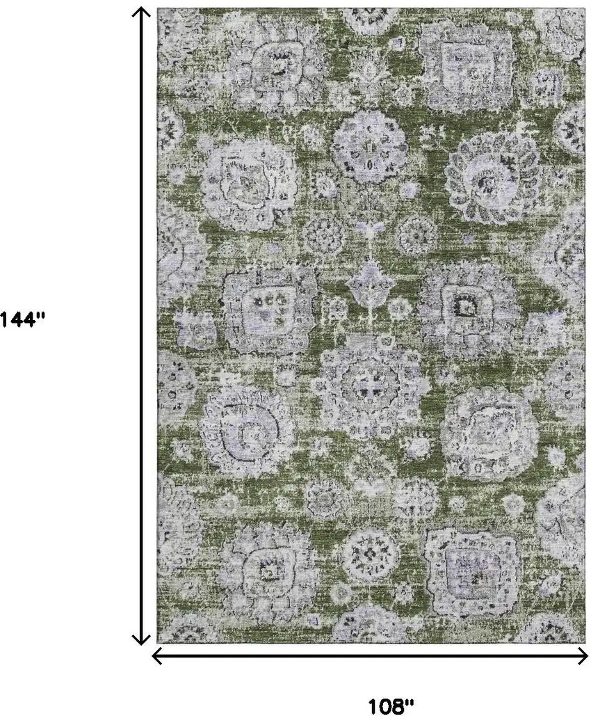 Olive Green Purple And Ivory Floral Washable Area Rug With UV Protection Photo 3