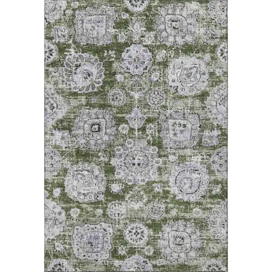 Olive Green Purple And Ivory Floral Washable Area Rug With UV Protection Photo 3