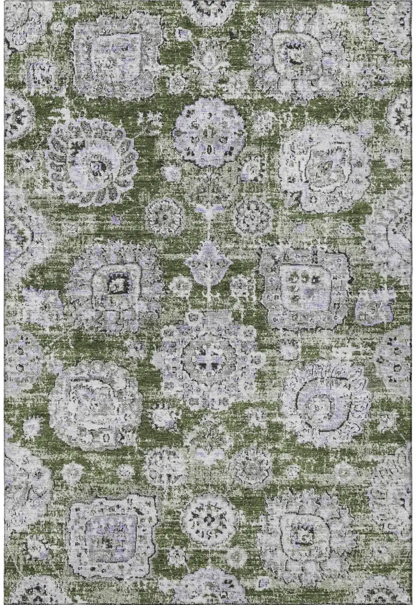 Olive Green Purple And Ivory Floral Washable Area Rug With UV Protection Photo 3