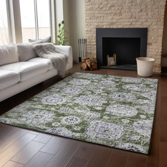 Olive Green Purple And Ivory Floral Washable Area Rug With UV Protection Photo 5