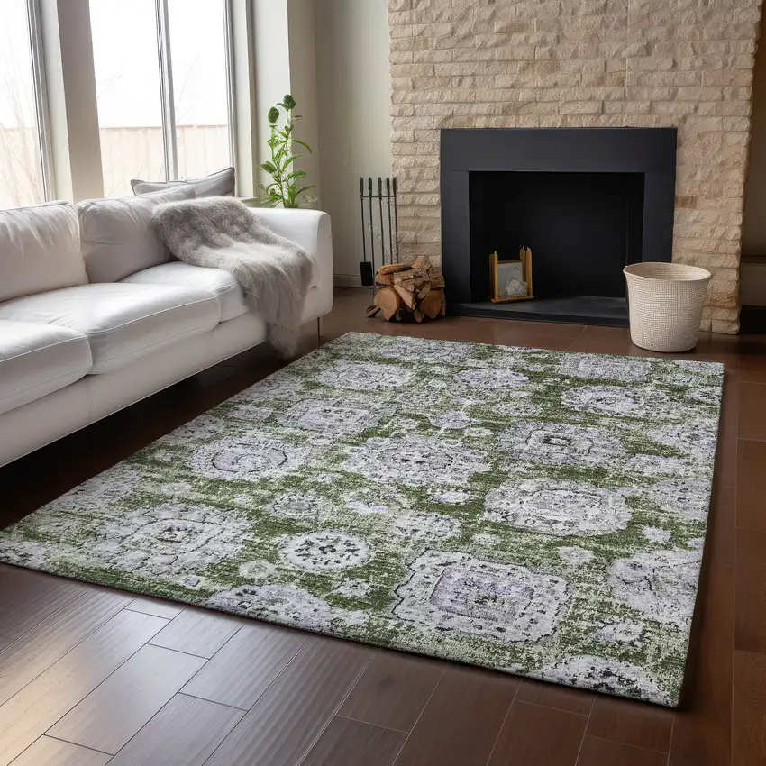 Olive Green Purple And Ivory Floral Washable Area Rug With UV Protection Photo 5