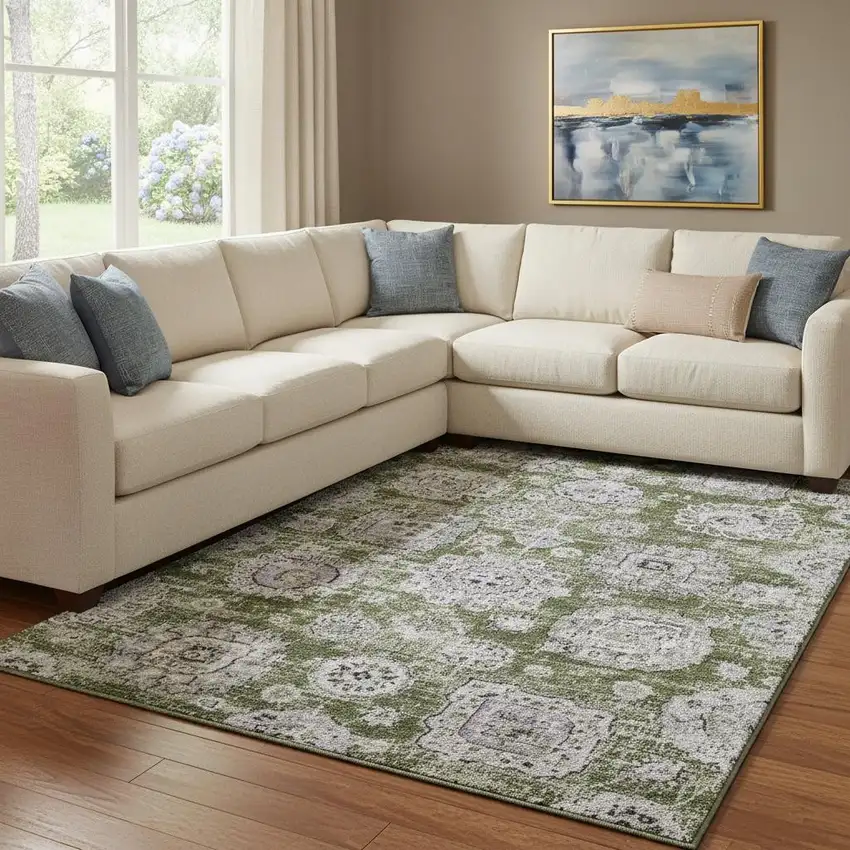 Olive Green Purple And Ivory Floral Washable Area Rug With UV Protection Photo 1