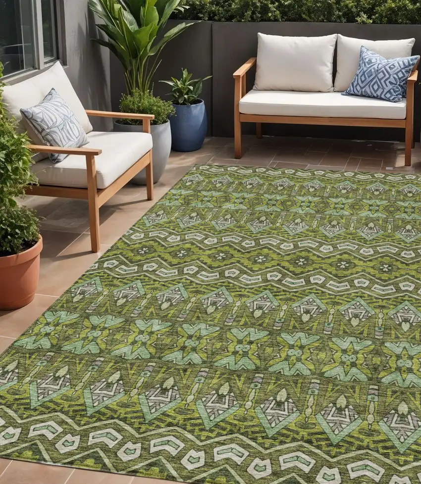 Olive Green Purple And Ivory Moroccan Washable Indoor Outdoor Area Rug Photo 1