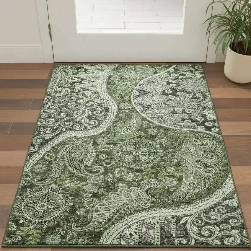 Olive Green Purple And Ivory Paisley Washable Area Rug With UV Protection Photo 2