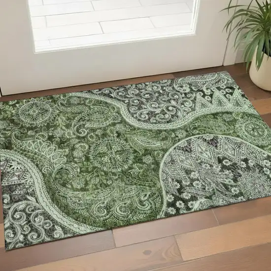Olive Green Purple And Ivory Paisley Washable Area Rug With UV Protection Photo 1