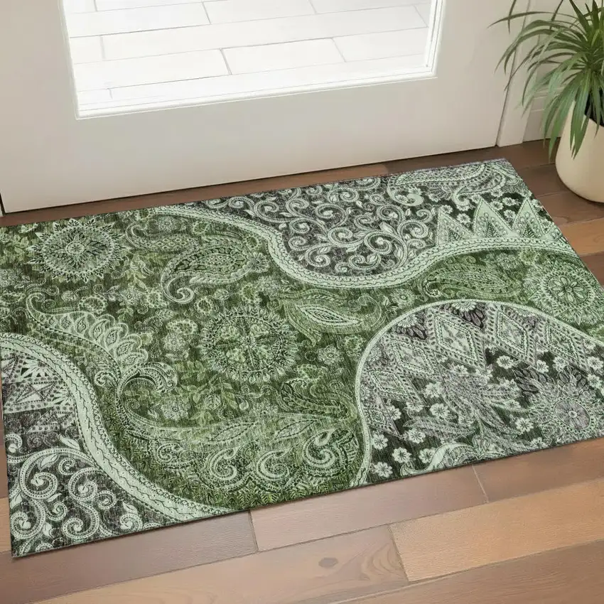 Olive Green Purple And Ivory Paisley Washable Area Rug With UV Protection Photo 1