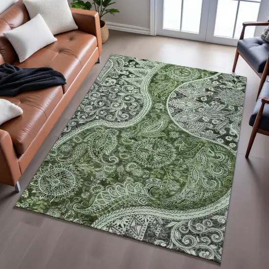 Olive Green Purple And Ivory Paisley Washable Area Rug With UV Protection Photo 5