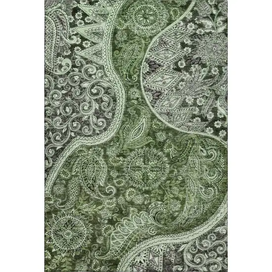 Olive Green Purple And Ivory Paisley Washable Area Rug With UV Protection Photo 1