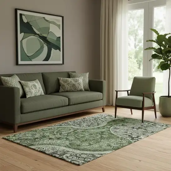 Olive Green Purple And Ivory Paisley Washable Area Rug With UV Protection Photo 2