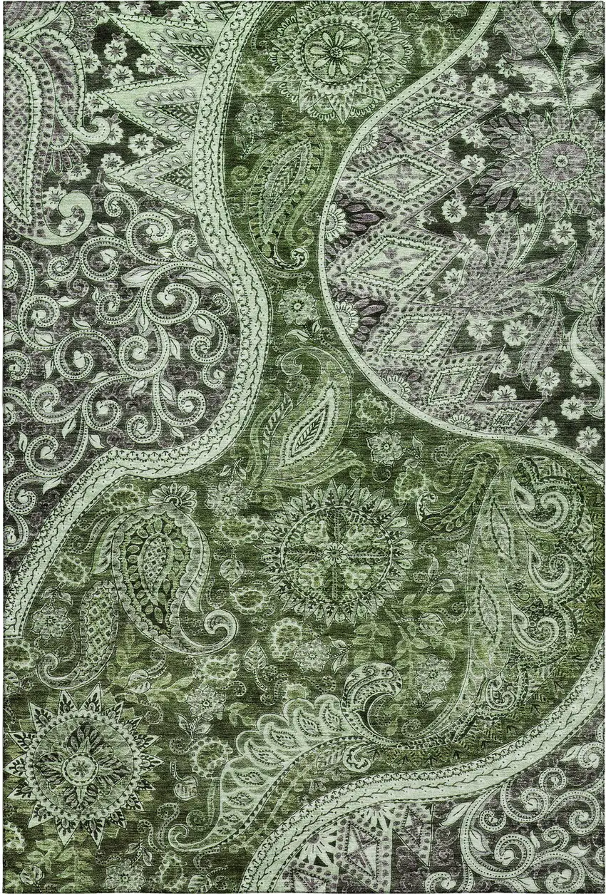 Olive Green Purple And Ivory Paisley Washable Area Rug With UV Protection Photo 1