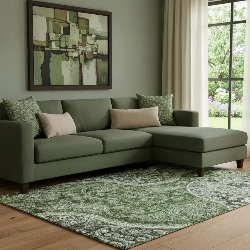 Olive Green Purple And Ivory Paisley Washable Area Rug With UV Protection Photo 2