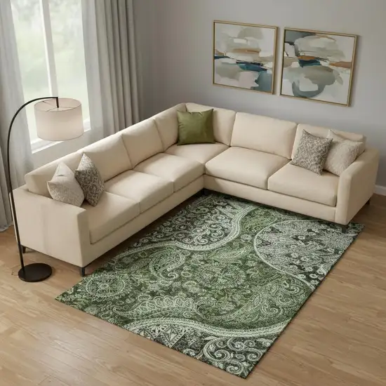 Olive Green Purple And Ivory Paisley Washable Area Rug With UV Protection Photo 2