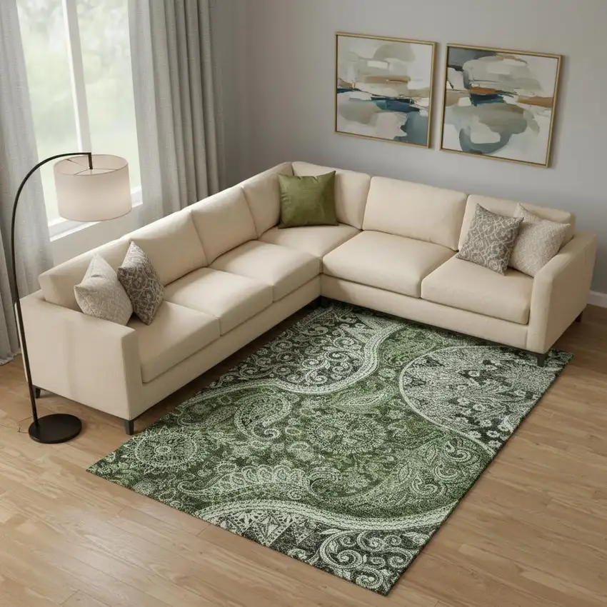 Olive Green Purple And Ivory Paisley Washable Area Rug With UV Protection Photo 2