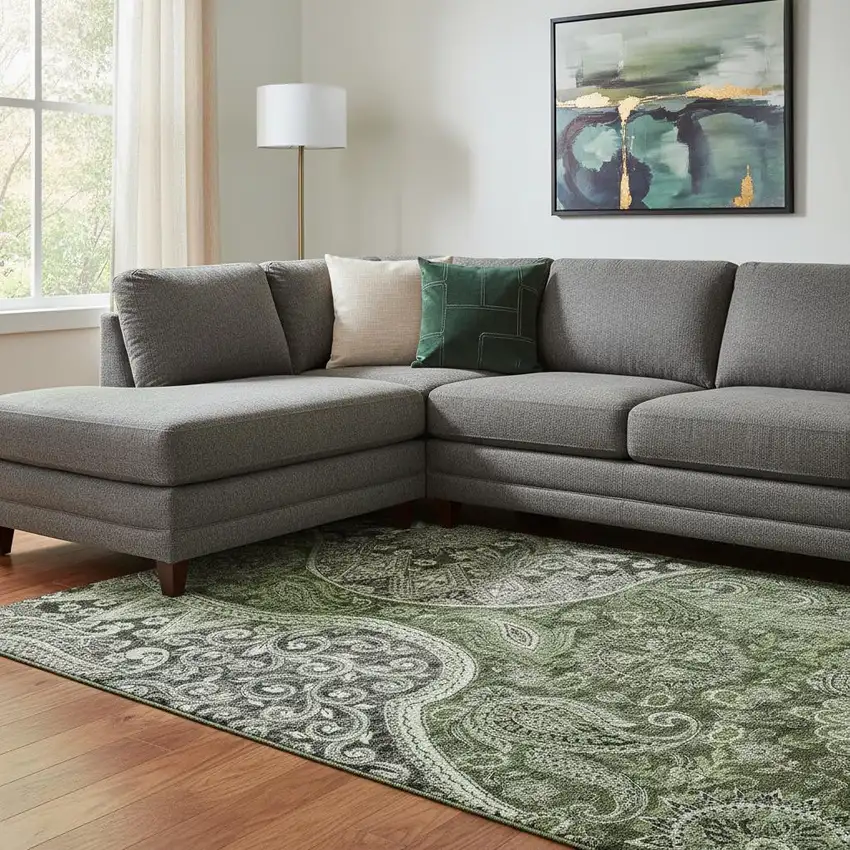 Olive Green Purple And Ivory Paisley Washable Area Rug With UV Protection Photo 2