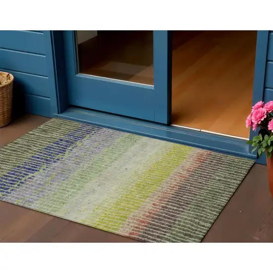 Olive Green Red And Purple Striped Washable Indoor Outdoor Area Rug Photo 1