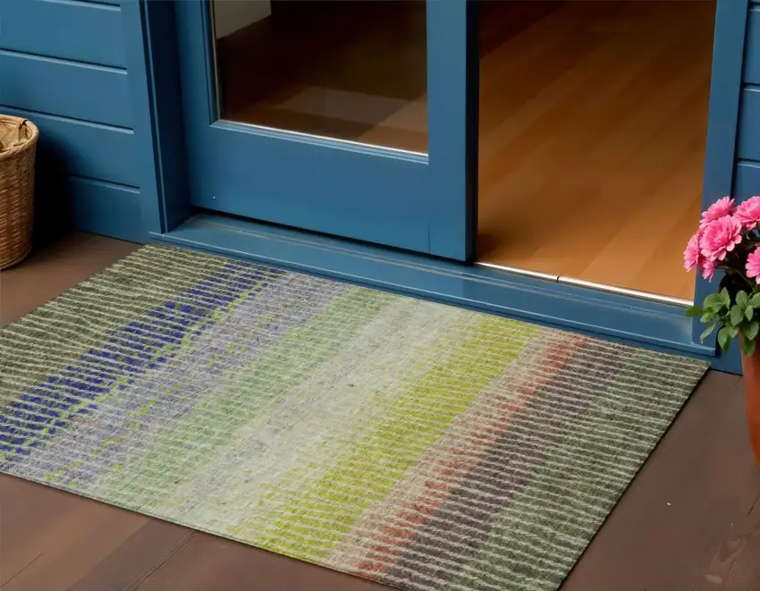 Olive Green Red And Purple Striped Washable Indoor Outdoor Area Rug Photo 1