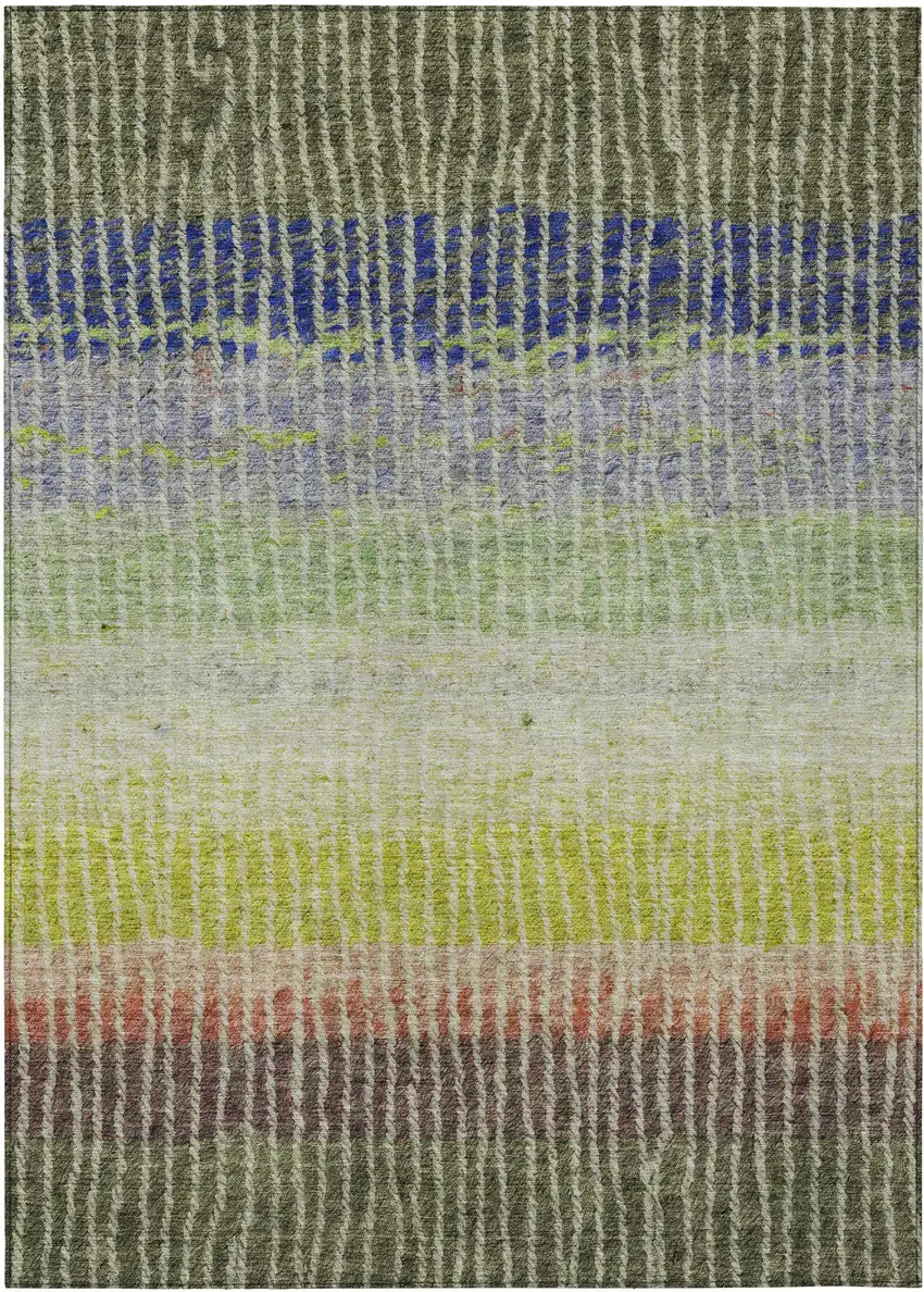 Olive Green Red And Purple Striped Washable Indoor Outdoor Area Rug Photo 2