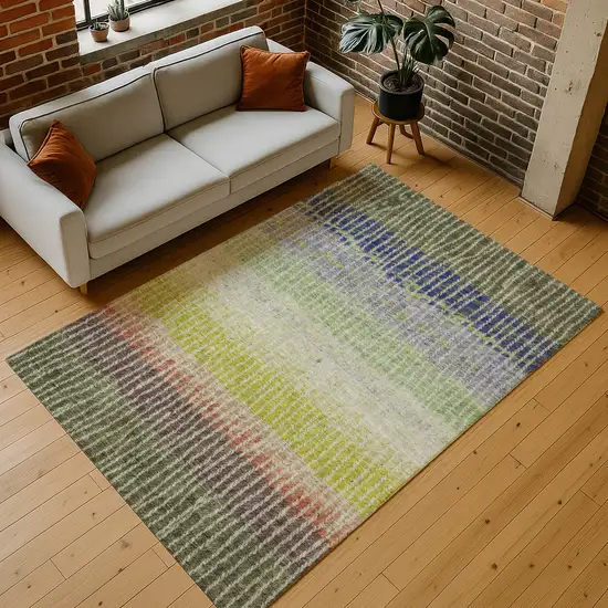 Olive Green Red And Purple Striped Washable Indoor Outdoor Area Rug Photo 9