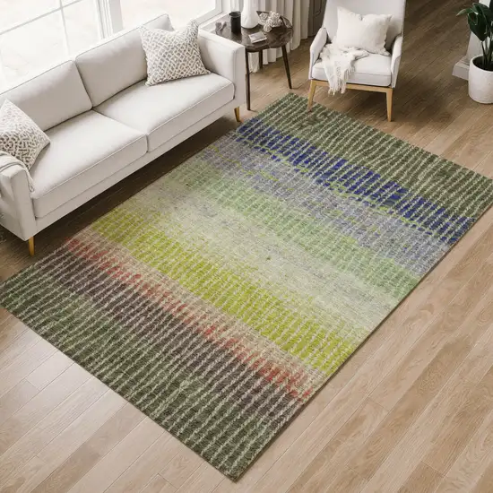 Olive Green Red And Purple Striped Washable Indoor Outdoor Area Rug Photo 9