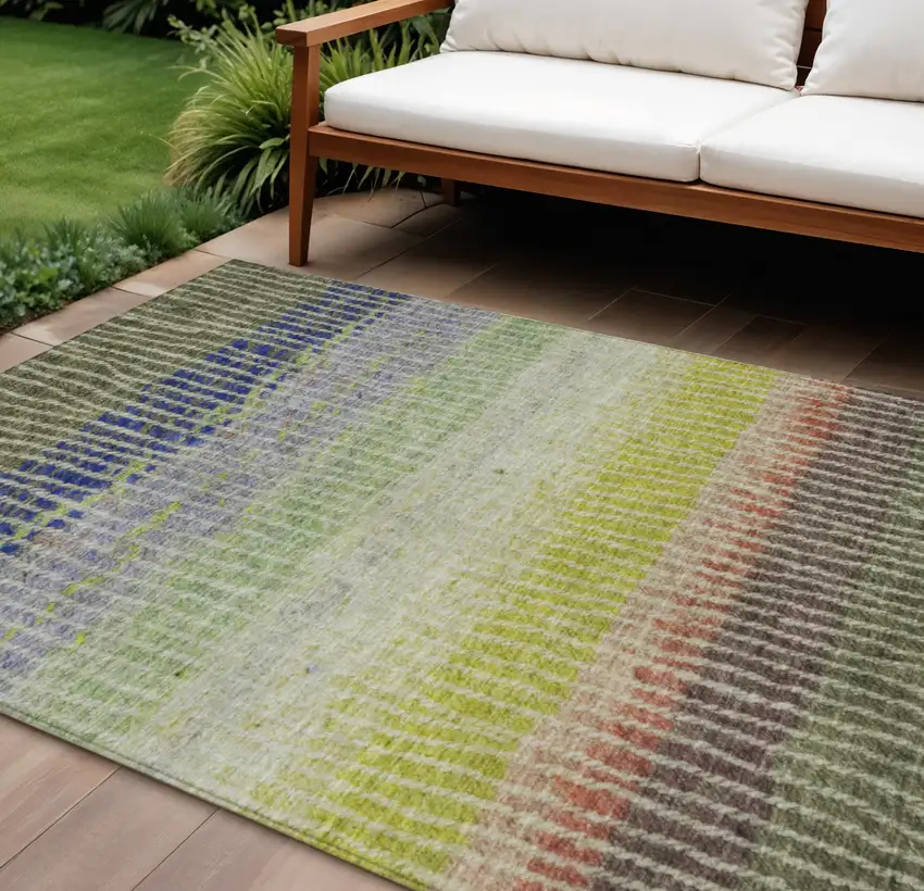 Olive Green Red And Purple Striped Washable Indoor Outdoor Area Rug Photo 1