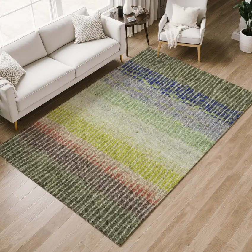 Olive Green Red And Purple Striped Washable Indoor Outdoor Area Rug Photo 8