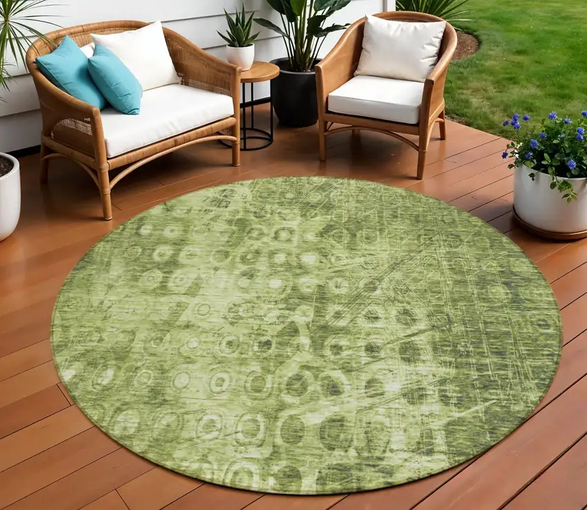 Olive Green Round Ikat Washable Non Skid Indoor Outdoor Area Rug Photo 1