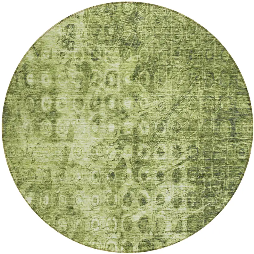Olive Green Round Ikat Washable Non Skid Indoor Outdoor Area Rug Photo 2
