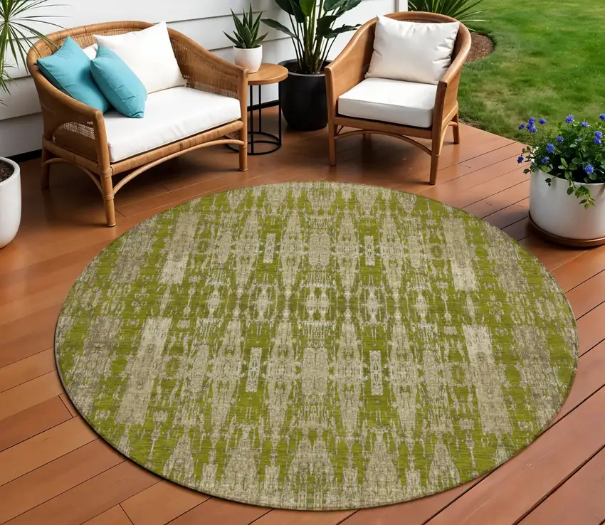 Olive Green Round Moroccan Washable Non Skid Indoor Outdoor Area Rug Photo 1