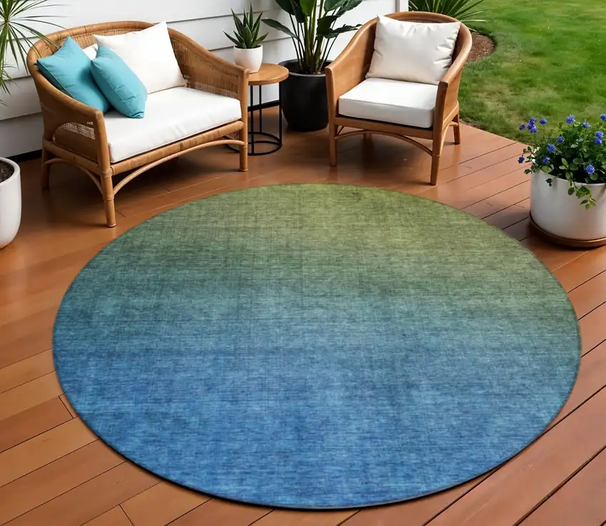 Olive Green Round Ombre Washable Non Skid Indoor Outdoor Area Rug Photo 1