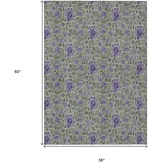 Olive Green Sage And Purple Floral Washable Indoor Outdoor Area Rug Photo 3