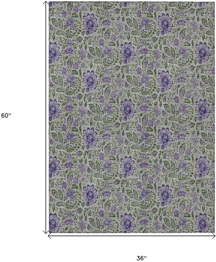 Olive Green Sage And Purple Floral Washable Indoor Outdoor Area Rug Photo 3