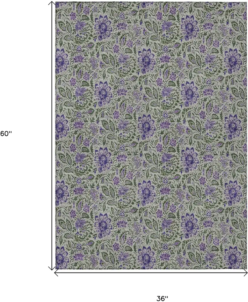 Olive Green Sage And Purple Floral Washable Indoor Outdoor Area Rug Photo 3