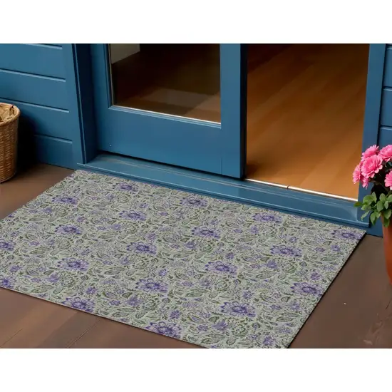 Olive Green Sage And Purple Floral Washable Indoor Outdoor Area Rug Photo 1