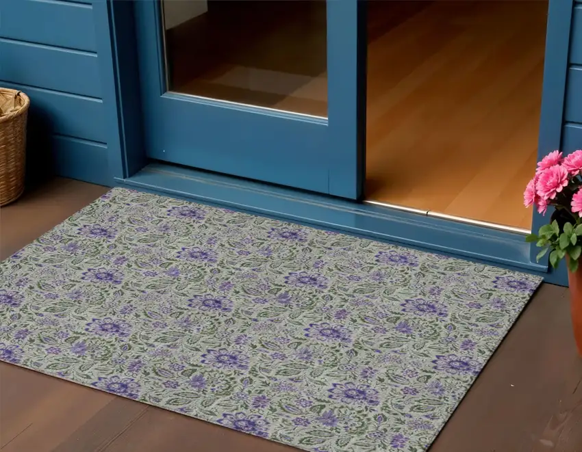 Olive Green Sage And Purple Floral Washable Indoor Outdoor Area Rug Photo 1