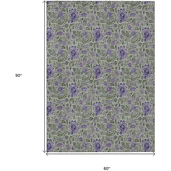 Olive Green Sage And Purple Floral Washable Indoor Outdoor Area Rug Photo 3