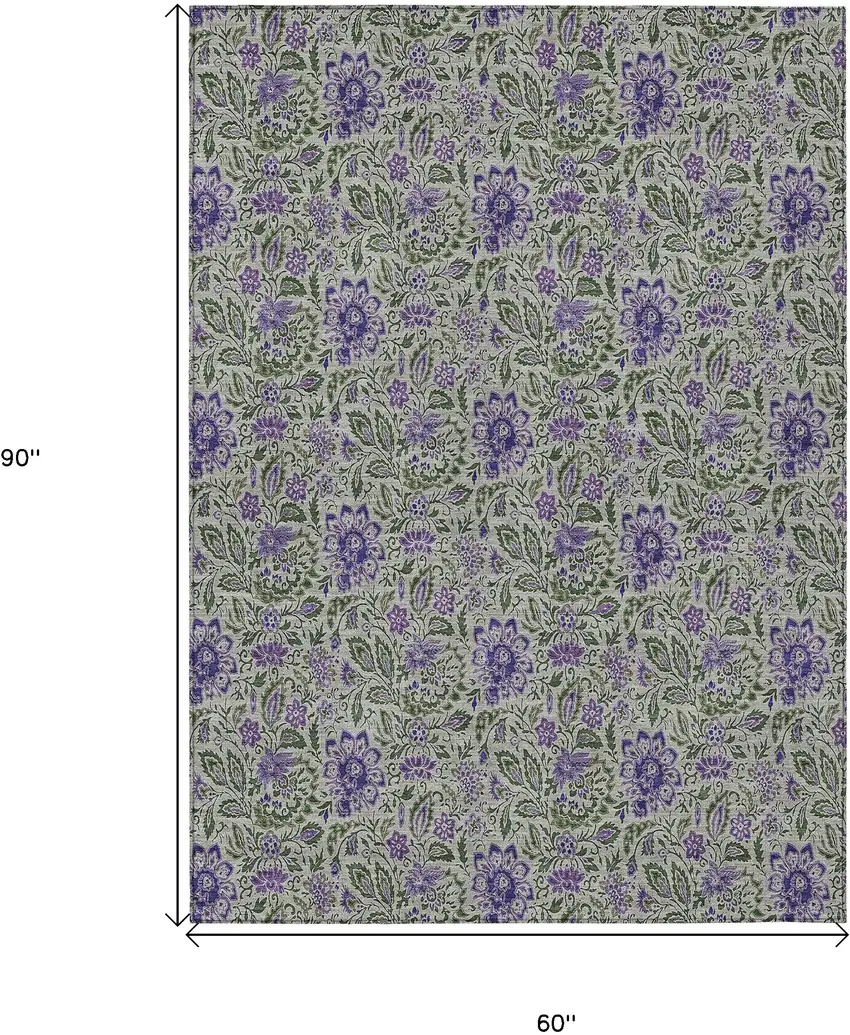 Olive Green Sage And Purple Floral Washable Indoor Outdoor Area Rug Photo 3